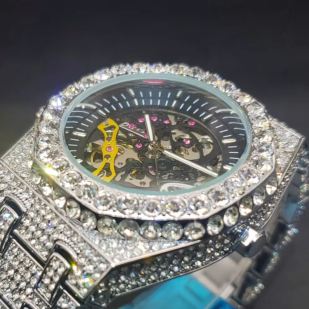 Luxury Mechaincal Men'S Watch Iced Diamond Hip Hop Automatic Watches with Hollow Dial Luminous Hand Clock for Male Dropshipping