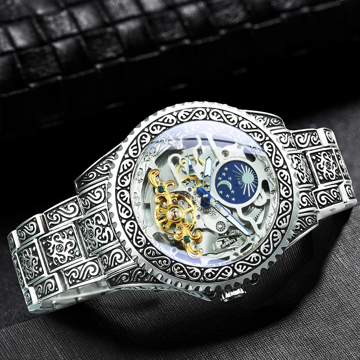 Luxury Gold Skeleton Mechanical Watches Moon Phase Retro Engraved Luminous Tourbillon Automatic Mens Watch Steel Strap