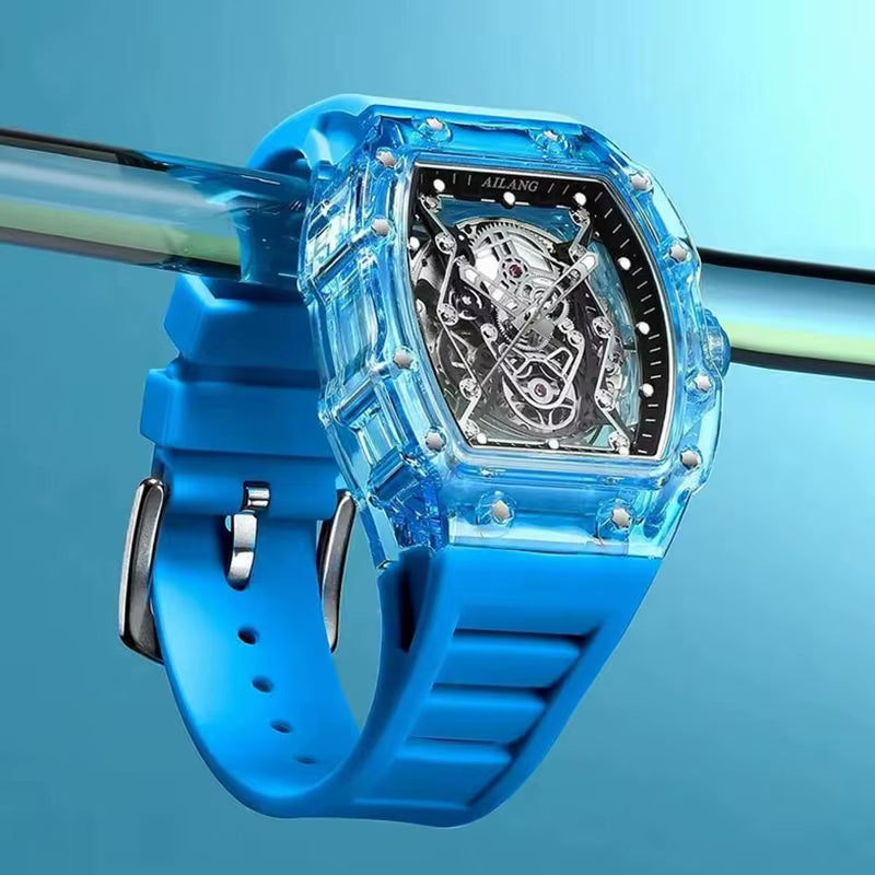 Men'S Automatic Mechanical Watch Sport Silicone Strap Waterproof Luminous Tonneau Design Skeleton Wrist Watch for Men