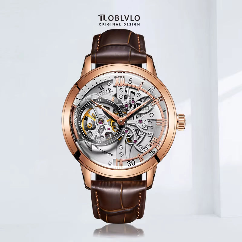 Retro Casual Men Skeleton Automatic Watches Mechanical Calfskin Strap Mineral Crystal Glass Waterproof Clock Dial 45Mm VM