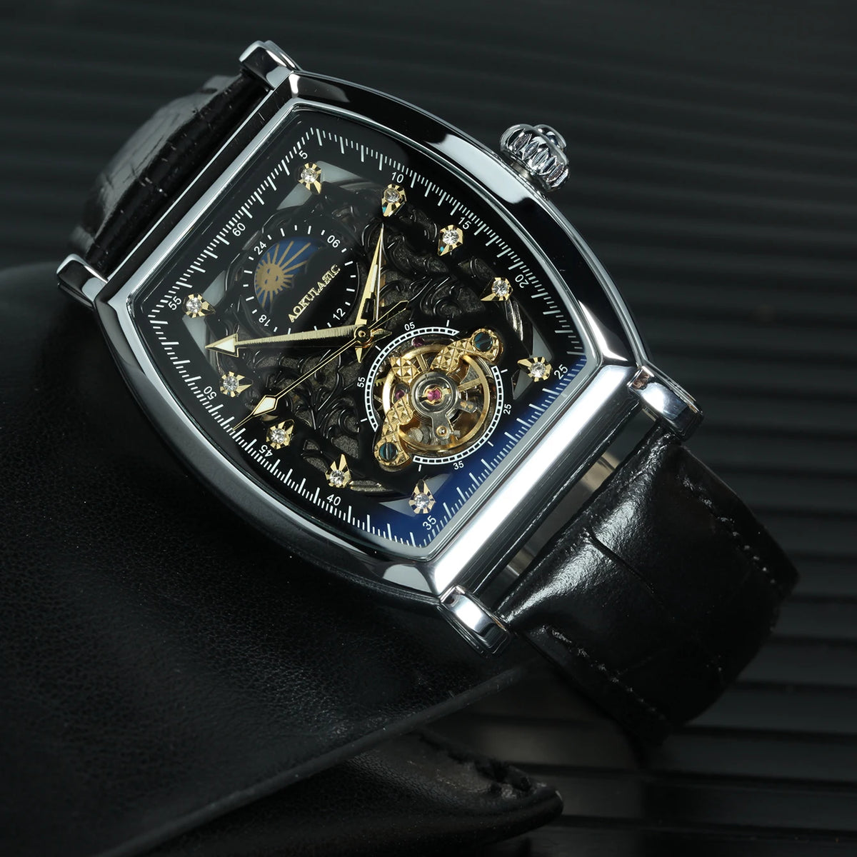 Tourbillon Iced Out Skeleton Automatic Mechanical Watches for Men Luxury Moon Phase Casual Leather Strap Mens Watch