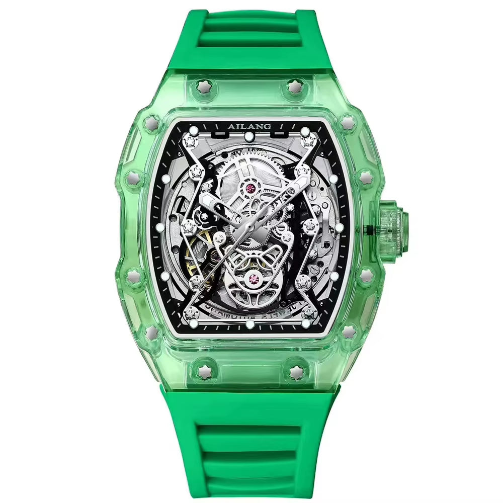 Men'S Automatic Mechanical Watch Sport Silicone Strap Waterproof Luminous Tonneau Design Skeleton Wrist Watch for Men
