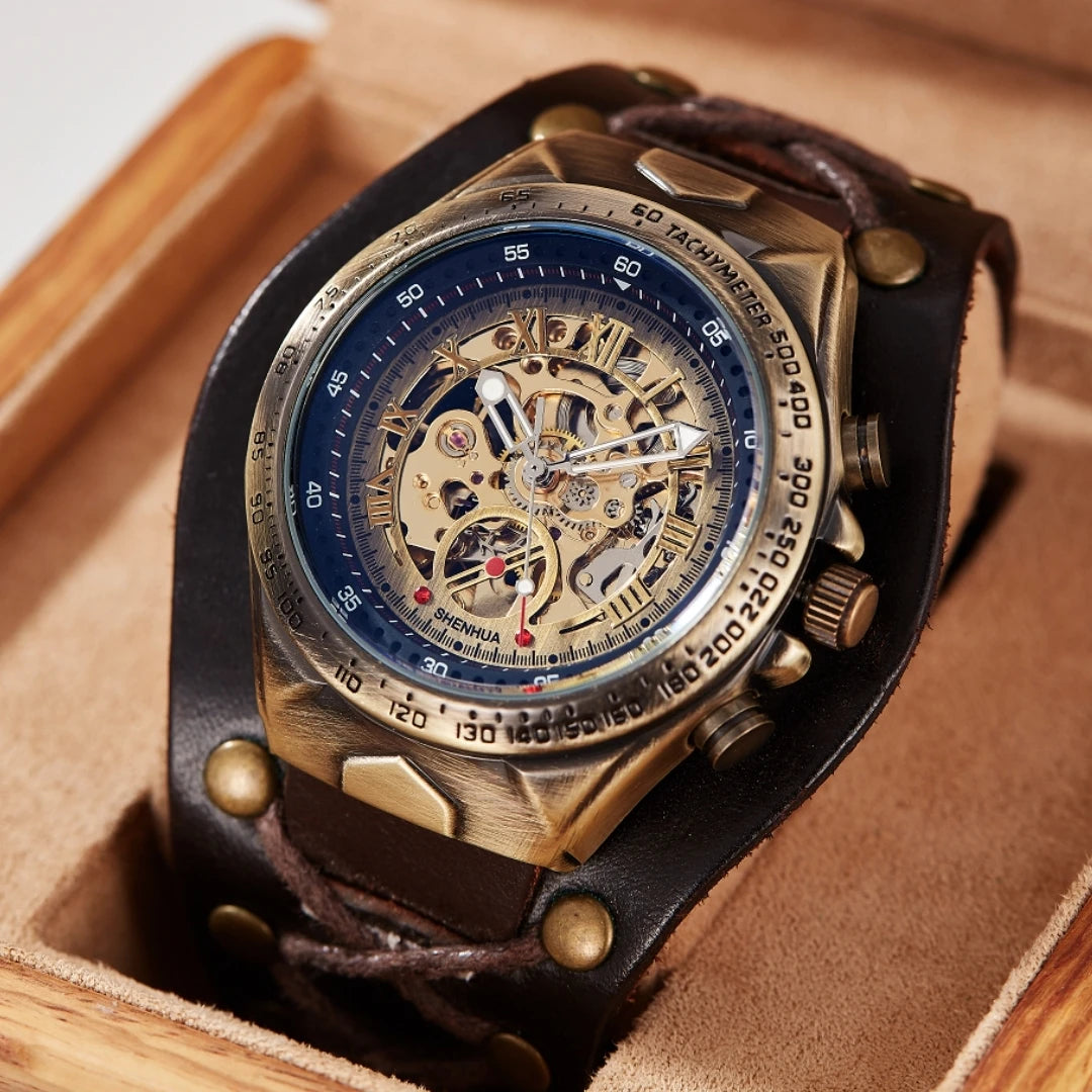 SHENHUA Bronze Antique Mechanical Watch Automatic Watch Mens Skeleton Watches Bronze Leather Steampunk Men Vintage Sport Wristw