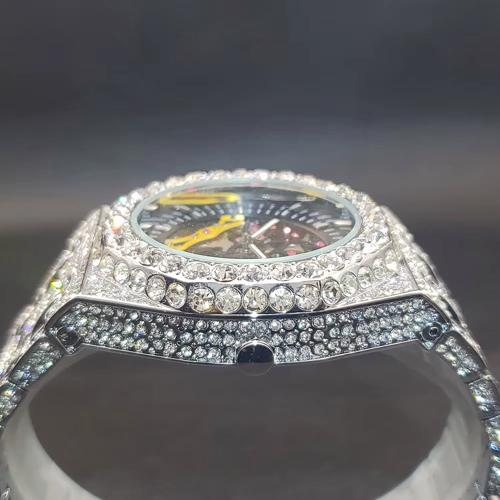 Luxury Mechaincal Men'S Watch Iced Diamond Hip Hop Automatic Watches with Hollow Dial Luminous Hand Clock for Male Dropshipping