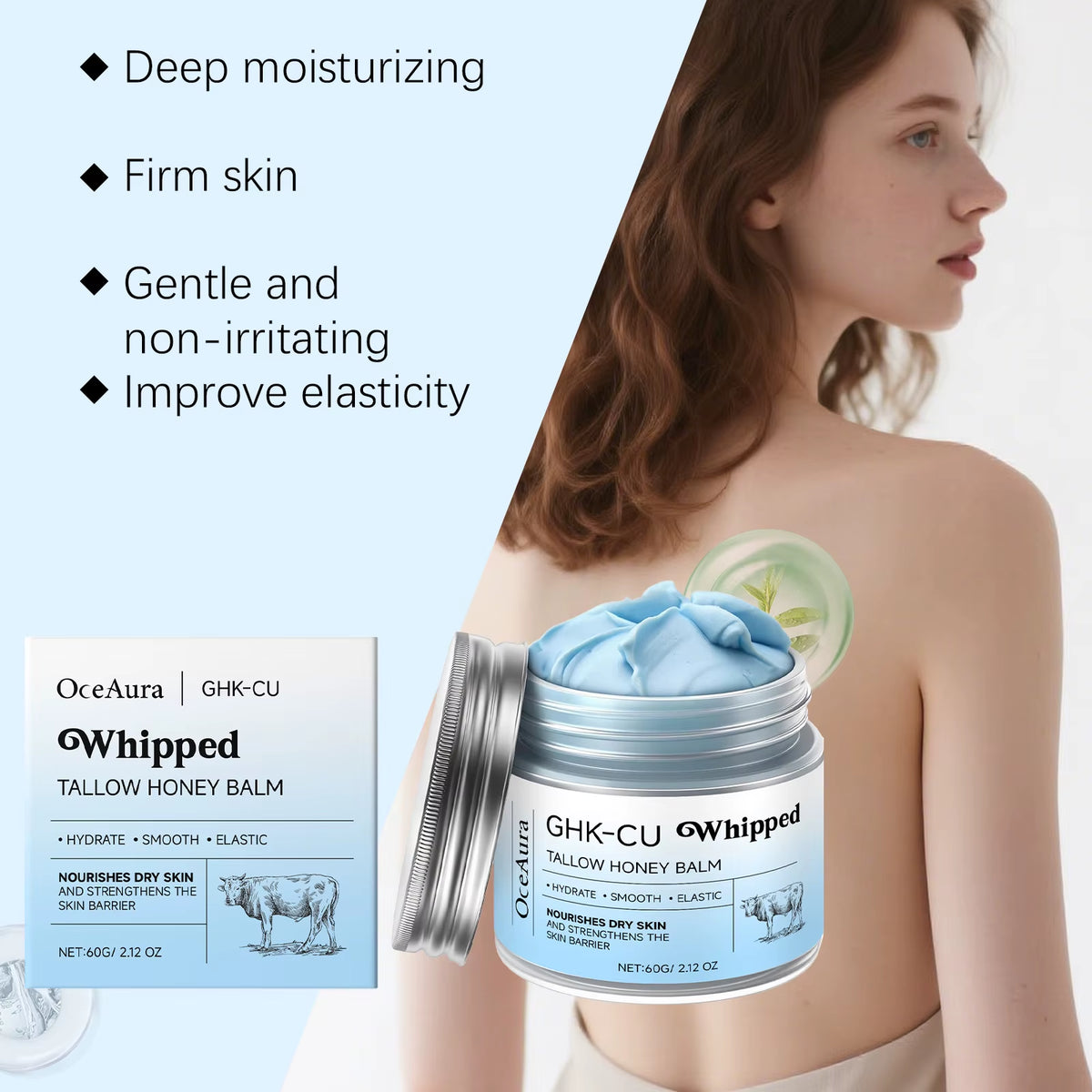 Copper Peptides Beef Tallow Honey Moisturizer Cream Brightening Rejuvenation Skin Non-Greasy Deep Hydration Whipped Tallow Balm