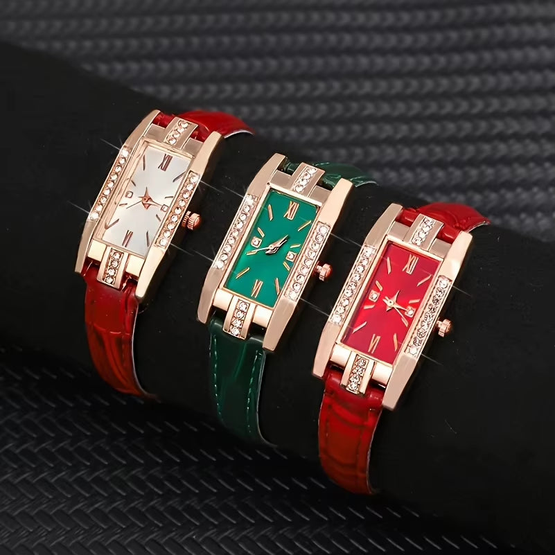 3Pcs/ Set Elegant Women'S Watche Square Pu Leather Female Watch Simple Casual Student Quartz Watch Suitable for Daily Wear