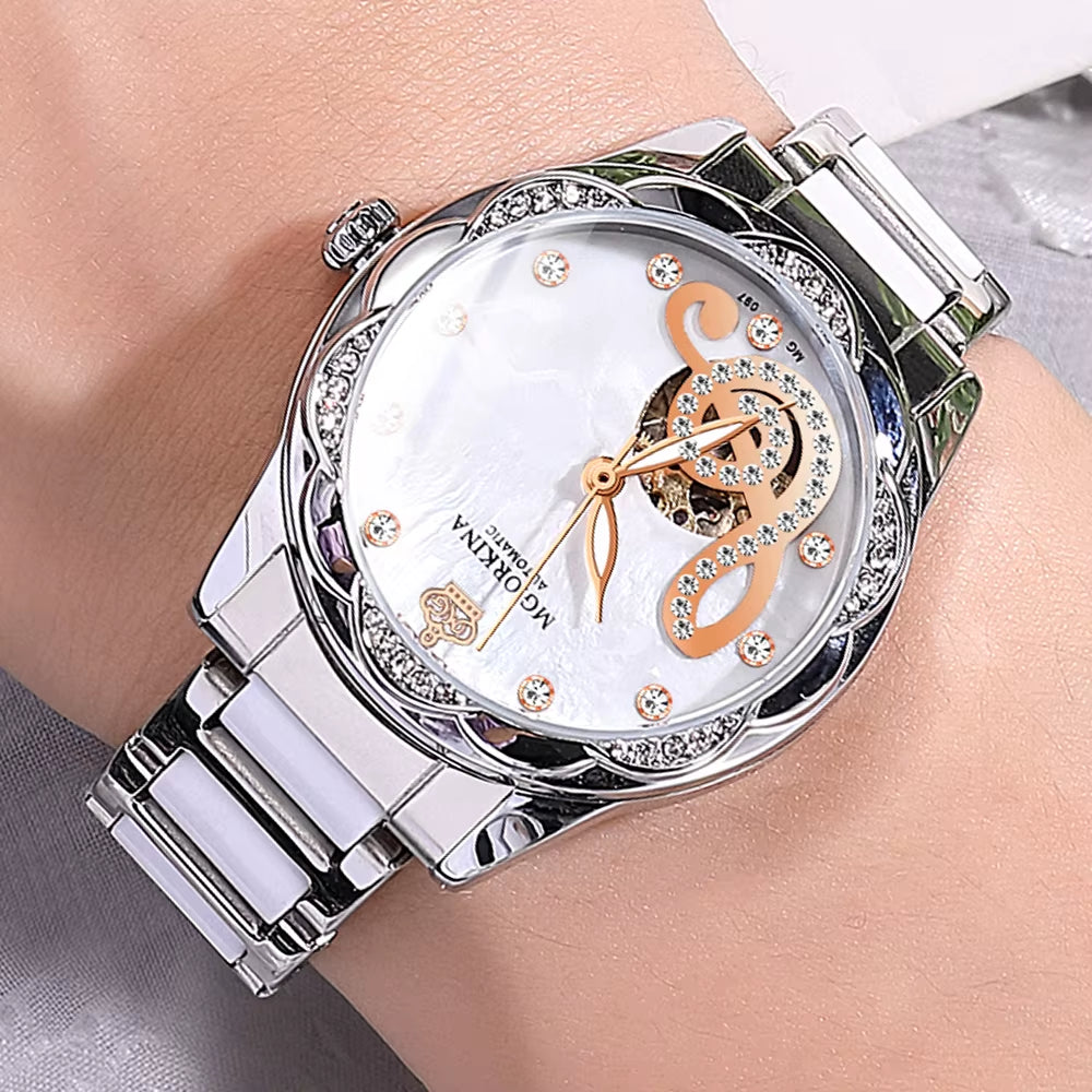 New Luxury Design Women'S Watch 2026 Diamond Ceramic Stainless Steel Strap Montre Femme Automatic Mechanical Relojes Para Mujer