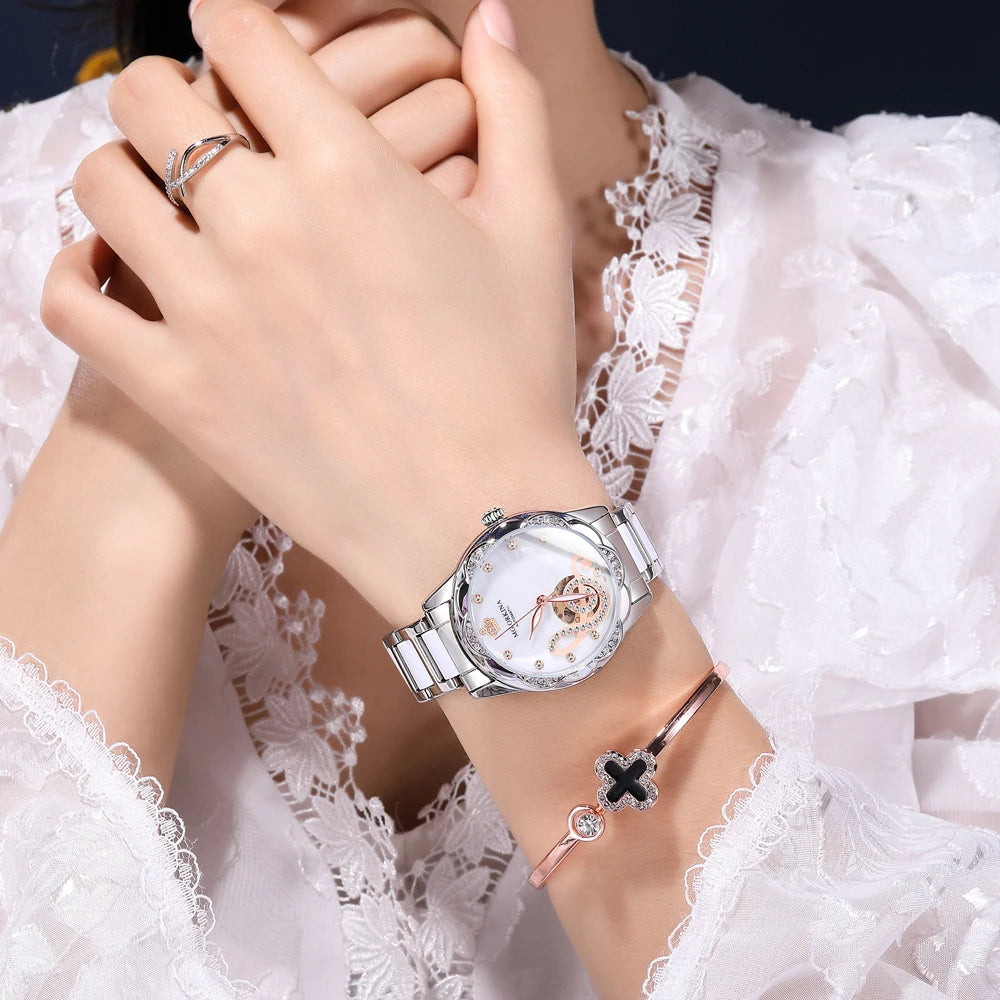 New Luxury Design Women'S Watch 2026 Diamond Ceramic Stainless Steel Strap Montre Femme Automatic Mechanical Relojes Para Mujer