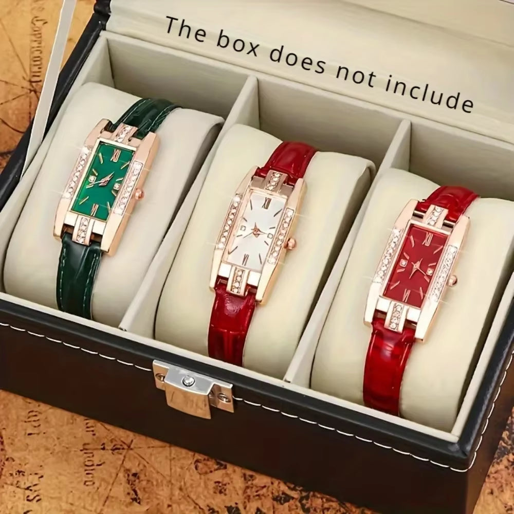 3Pcs/ Set Elegant Women'S Watche Square Pu Leather Female Watch Simple Casual Student Quartz Watch Suitable for Daily Wear