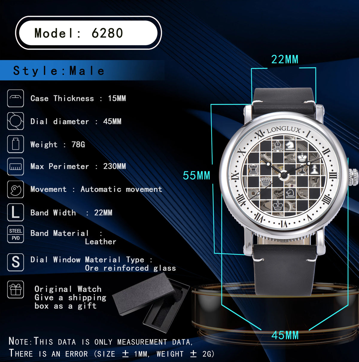 Men Automatic Watch Chess Checkerboard Mechanical Watches Waterproof Vintage Business Luminous Skeleton Leather Gift for You