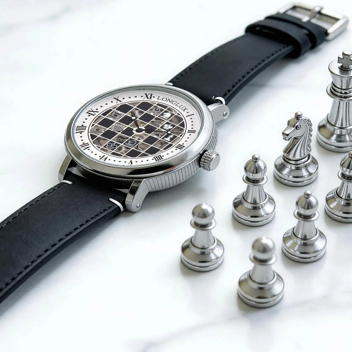 Men Automatic Watch Chess Checkerboard Mechanical Watches Waterproof Vintage Business Luminous Skeleton Leather Gift for You