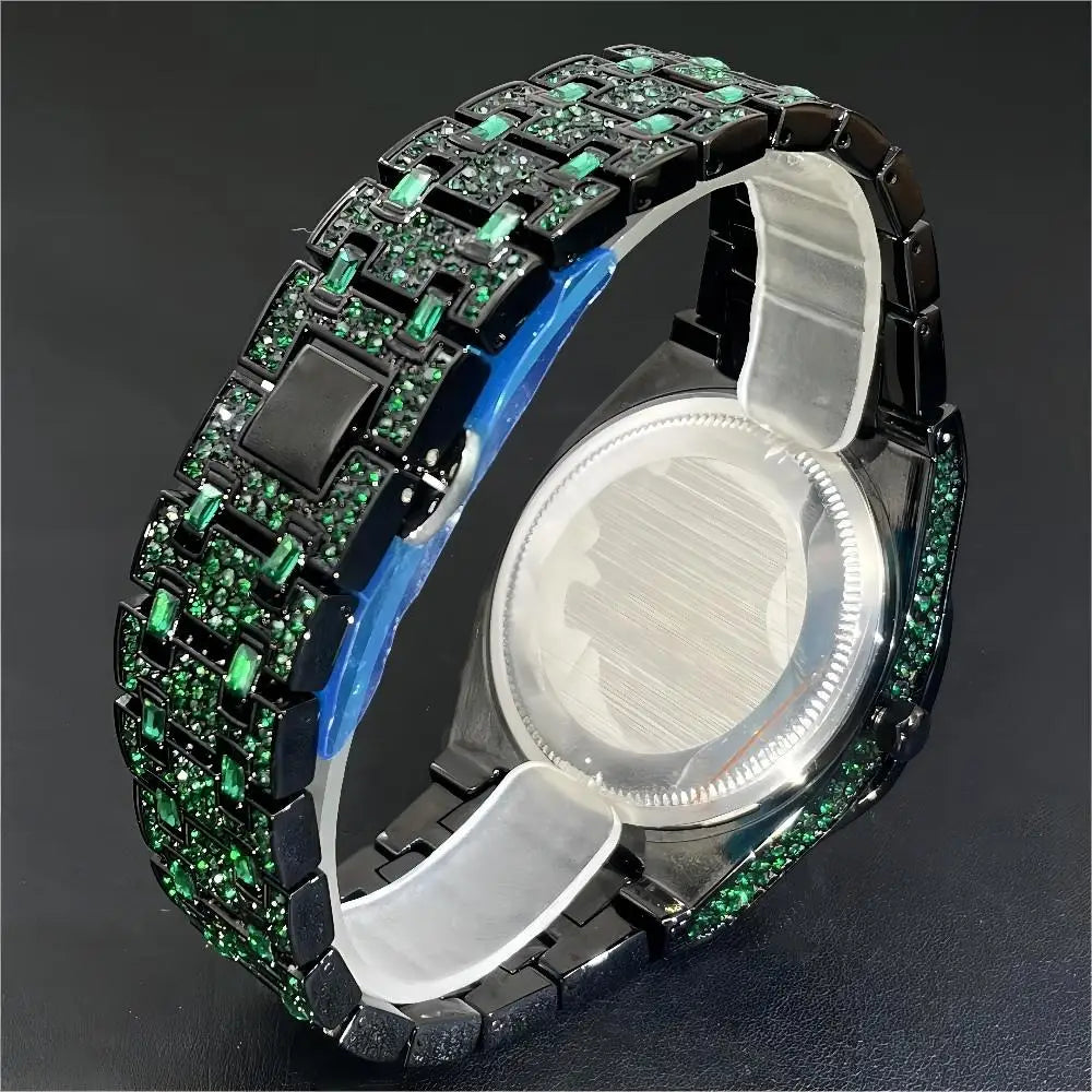 2024 Hip Hop Green Diamond Watche for Men Fashion Automatic Date AAA Quartz Clock Dress Square Iced Jewelry Wristwatch Man Reloj