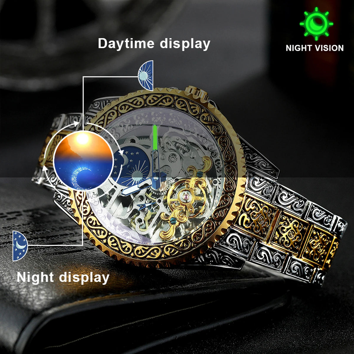 Luxury Gold Skeleton Mechanical Watches Moon Phase Retro Engraved Luminous Tourbillon Automatic Mens Watch Steel Strap