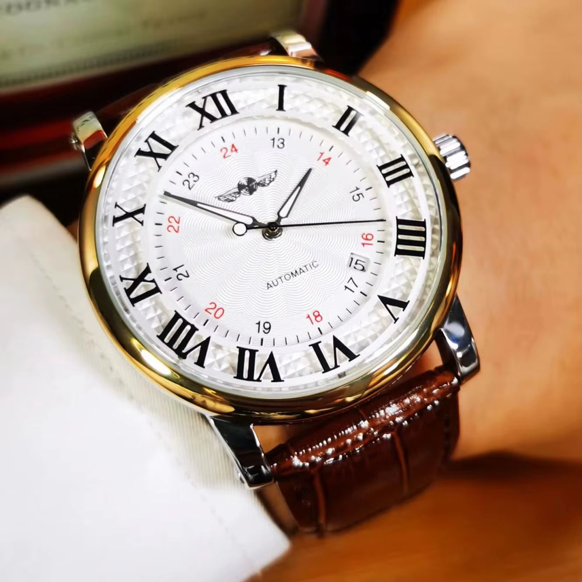 WINNER Business Fashion Mechanical Watches Date Display Minimalist Automatic Watch for Men Casual Brown Leather Strap Wristwatch