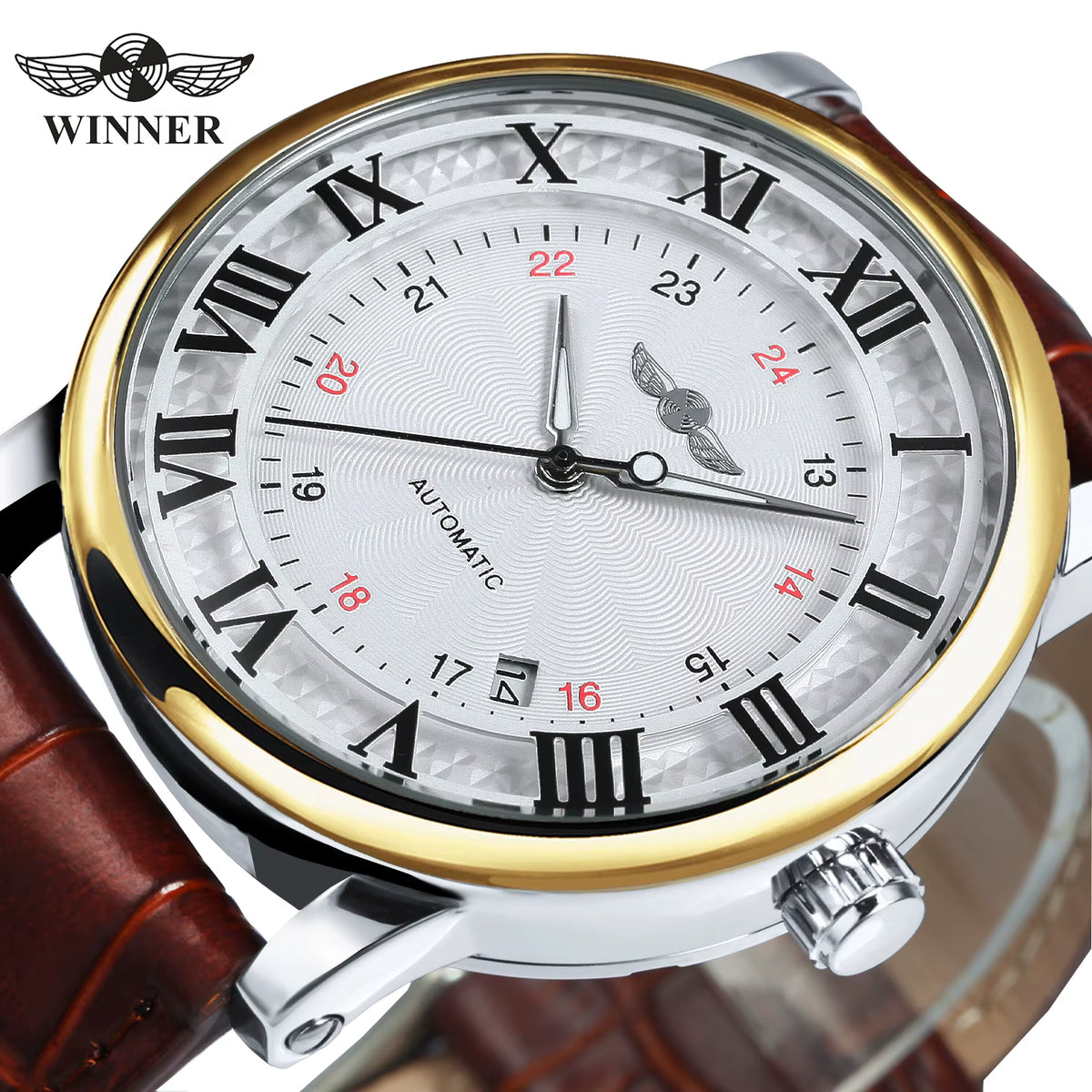 WINNER Business Fashion Mechanical Watches Date Display Minimalist Automatic Watch for Men Casual Brown Leather Strap Wristwatch