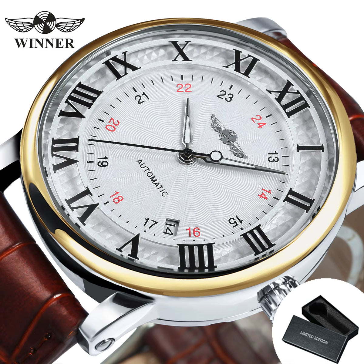 WINNER Business Fashion Mechanical Watches Date Display Minimalist Automatic Watch for Men Casual Brown Leather Strap Wristwatch