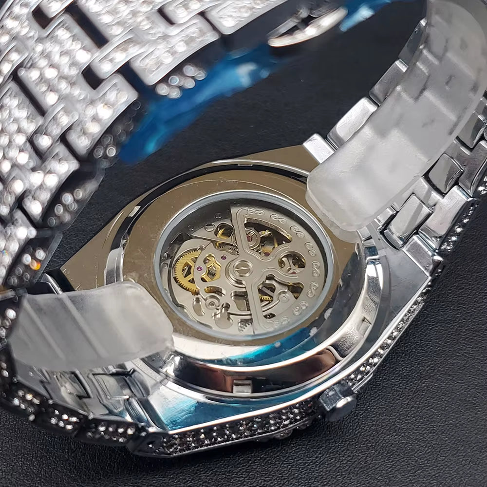 Luxury Mechaincal Men'S Watch Iced Diamond Hip Hop Automatic Watches with Hollow Dial Luminous Hand Clock for Male Dropshipping