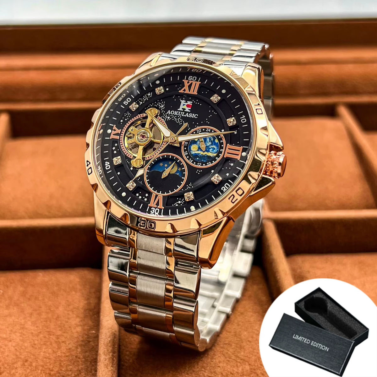 Tourbillon Skeleton Mechanical Watches Starry Sky Moon Phase Dial Steel Leather Strap Luxury Brand Automatic Men Watch
