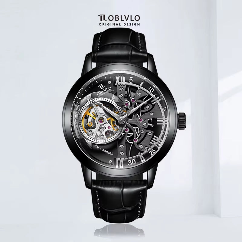 Retro Casual Men Skeleton Automatic Watches Mechanical Calfskin Strap Mineral Crystal Glass Waterproof Clock Dial 45Mm VM