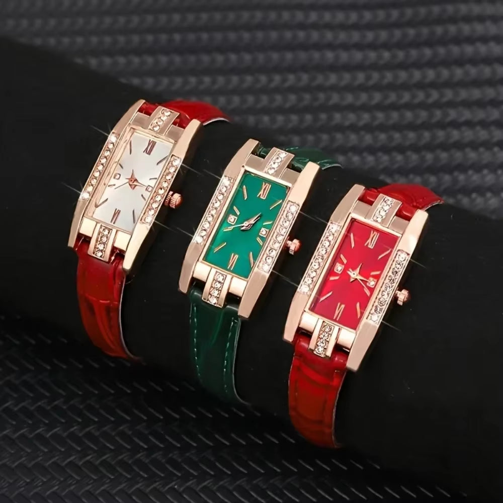 3Pcs/ Set Elegant Women'S Watche Square Pu Leather Female Watch Simple Casual Student Quartz Watch Suitable for Daily Wear