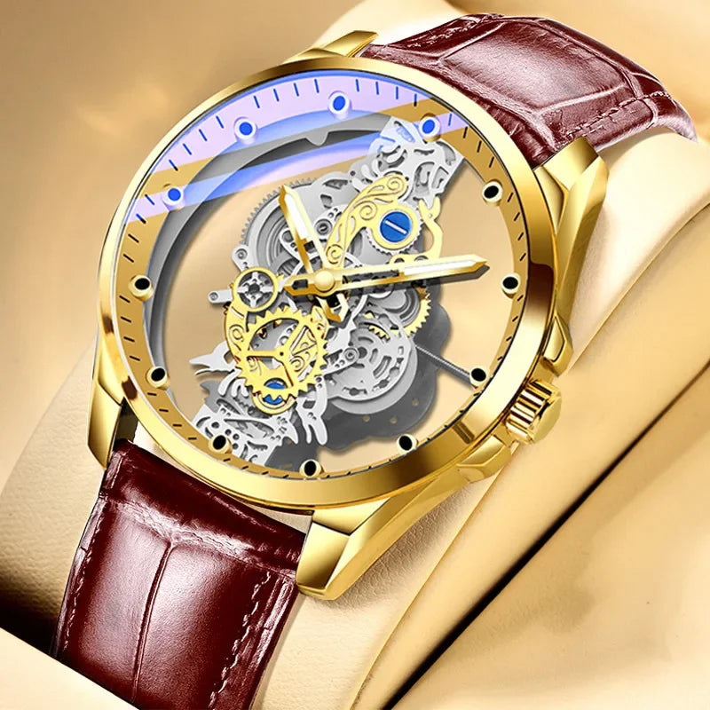New Fashion Double Hollow Watch Men Luxury Gold Watches Imitation Mechanical Tourbillon Quartz Wristwatches Men Montre Homme