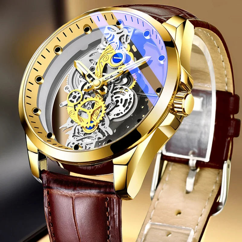 New Fashion Double Hollow Watch Men Luxury Gold Watches Imitation Mechanical Tourbillon Quartz Wristwatches Men Montre Homme