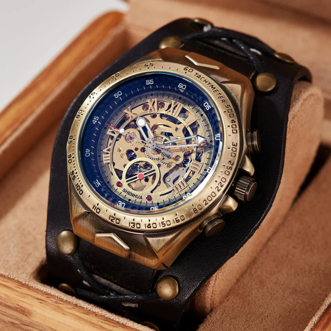 SHENHUA Bronze Antique Mechanical Watch Automatic Watch Mens Skeleton Watches Bronze Leather Steampunk Men Vintage Sport Wristw