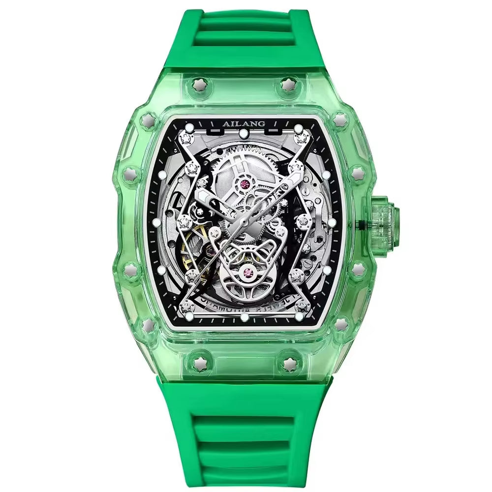 Men'S Automatic Mechanical Watch Sport Silicone Strap Waterproof Luminous Tonneau Design Skeleton Wrist Watch for Men