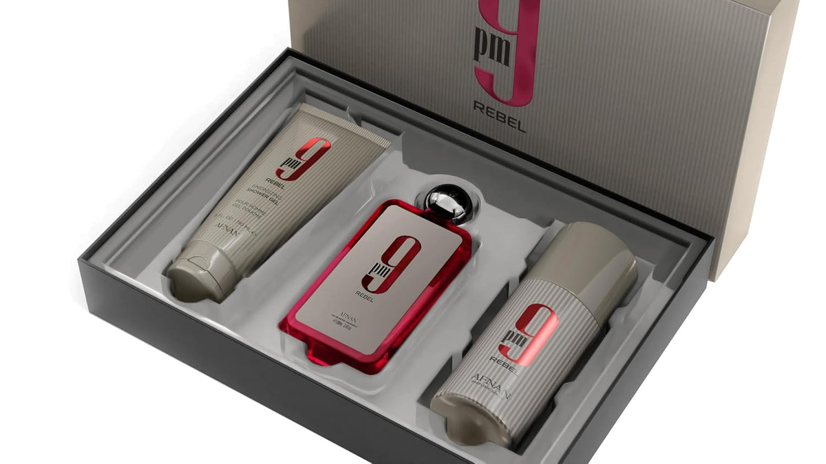 9 PM Rebel Unisex Luxury Perfume Gift Set – Eau De Parfum (3.4 Oz), Deodorant (5.0 Oz), Shower Gel (5.0 Oz)
