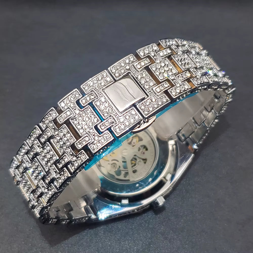Luxury Mechaincal Men'S Watch Iced Diamond Hip Hop Automatic Watches with Hollow Dial Luminous Hand Clock for Male Dropshipping