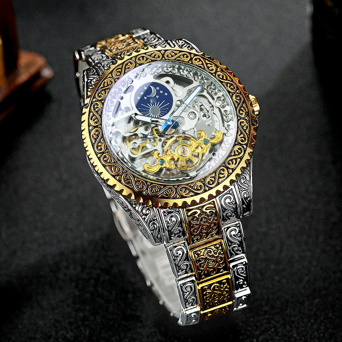 Luxury Gold Skeleton Mechanical Watches Moon Phase Retro Engraved Luminous Tourbillon Automatic Mens Watch Steel Strap