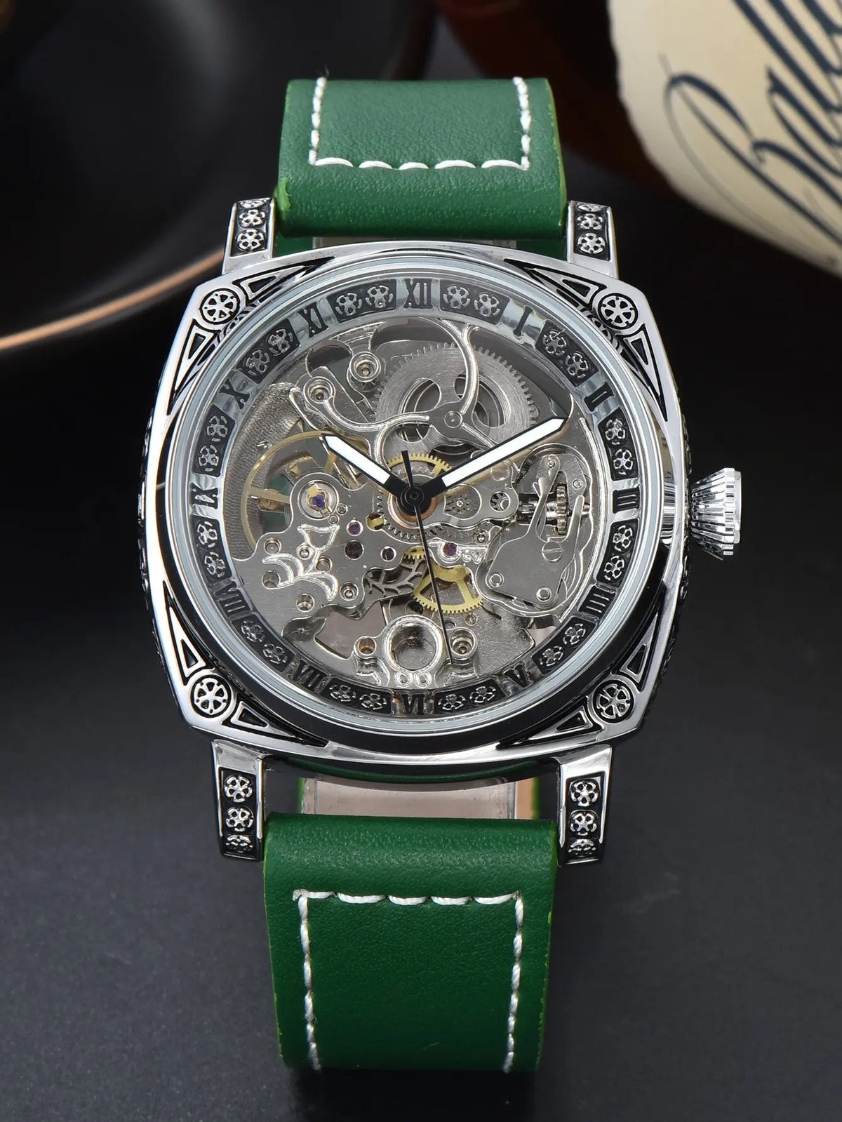 Men Automatic Watch Retro Style Mechanical Watches Skeleton Carve Waterproof Leather No Logo Mens Watch Boyfriend'S Gift