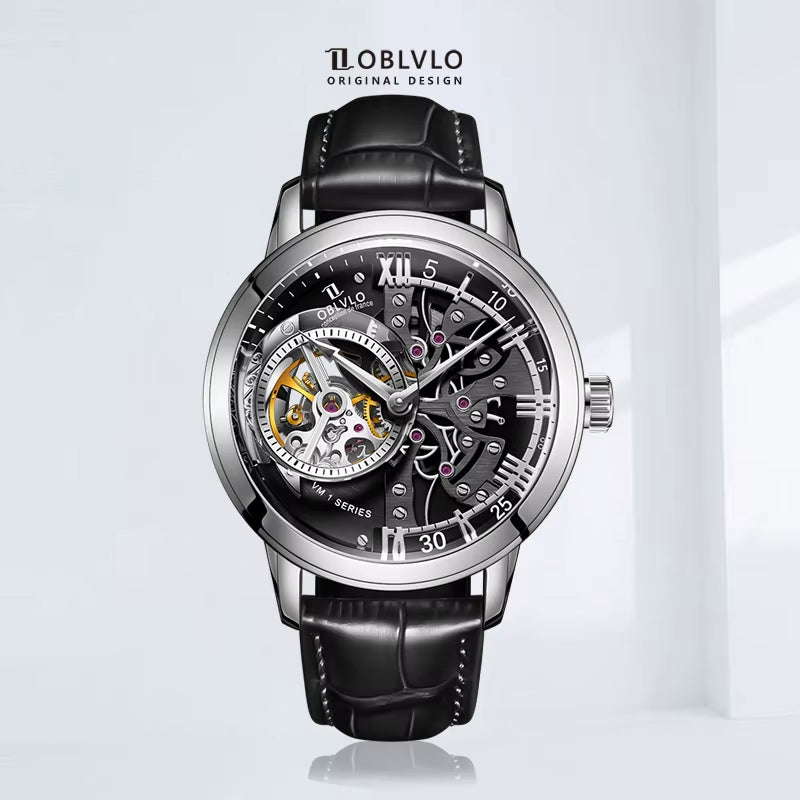 Retro Casual Men Skeleton Automatic Watches Mechanical Calfskin Strap Mineral Crystal Glass Waterproof Clock Dial 45Mm VM