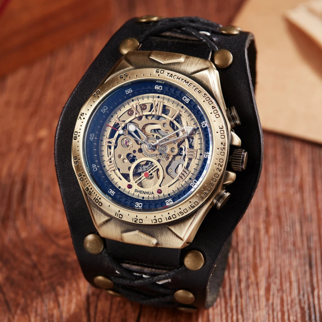 SHENHUA Bronze Antique Mechanical Watch Automatic Watch Mens Skeleton Watches Bronze Leather Steampunk Men Vintage Sport Wristw