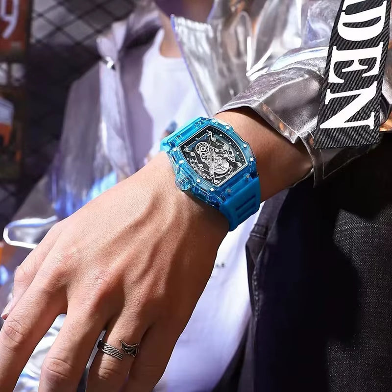 Men'S Automatic Mechanical Watch Sport Silicone Strap Waterproof Luminous Tonneau Design Skeleton Wrist Watch for Men