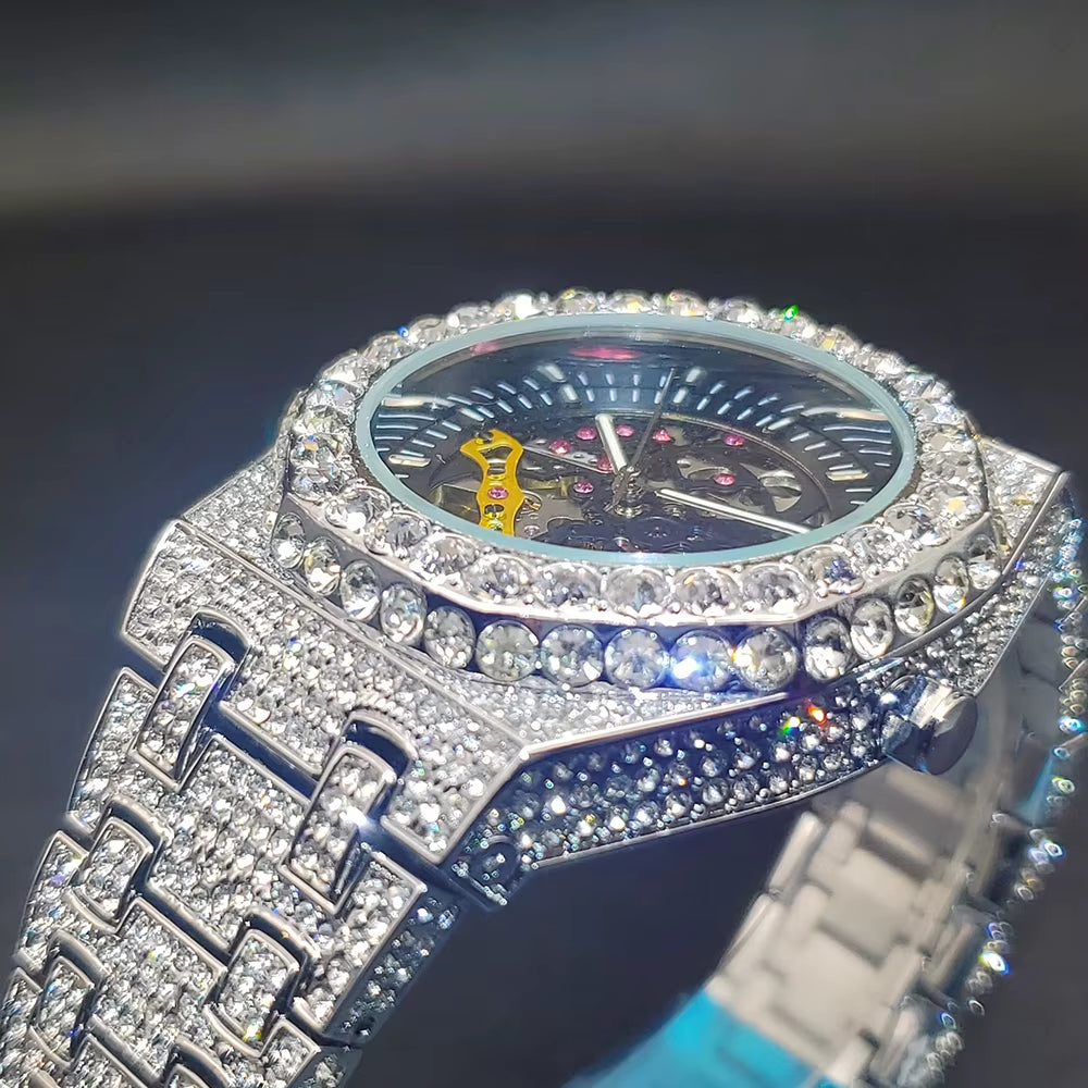 Luxury Mechaincal Men'S Watch Iced Diamond Hip Hop Automatic Watches with Hollow Dial Luminous Hand Clock for Male Dropshipping