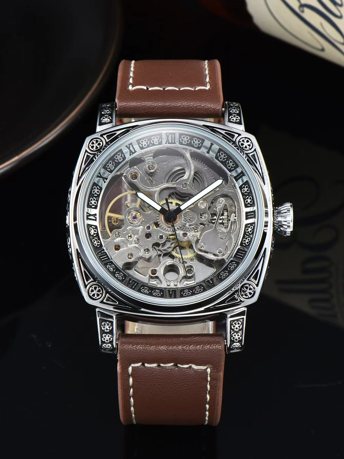 Men Automatic Watch Retro Style Mechanical Watches Skeleton Carve Waterproof Leather No Logo Mens Watch Boyfriend'S Gift