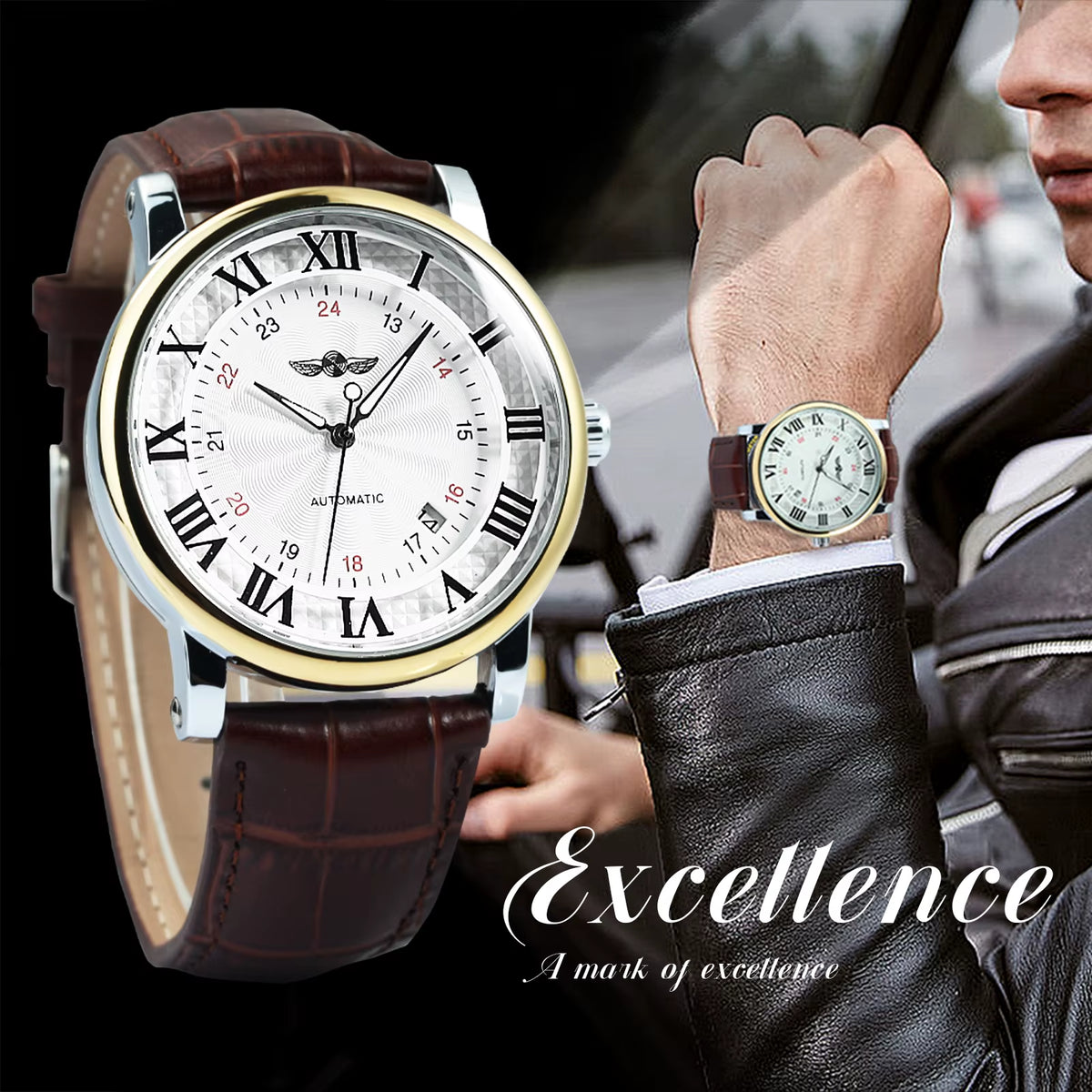 WINNER Business Fashion Mechanical Watches Date Display Minimalist Automatic Watch for Men Casual Brown Leather Strap Wristwatch