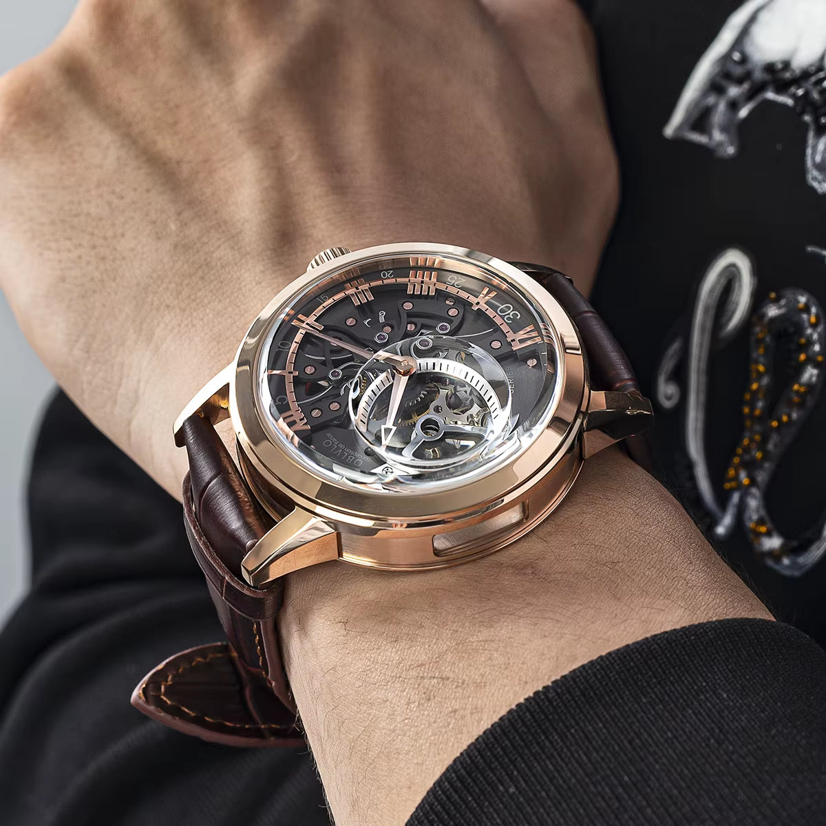 Retro Casual Men Skeleton Automatic Watches Mechanical Calfskin Strap Mineral Crystal Glass Waterproof Clock Dial 45Mm VM