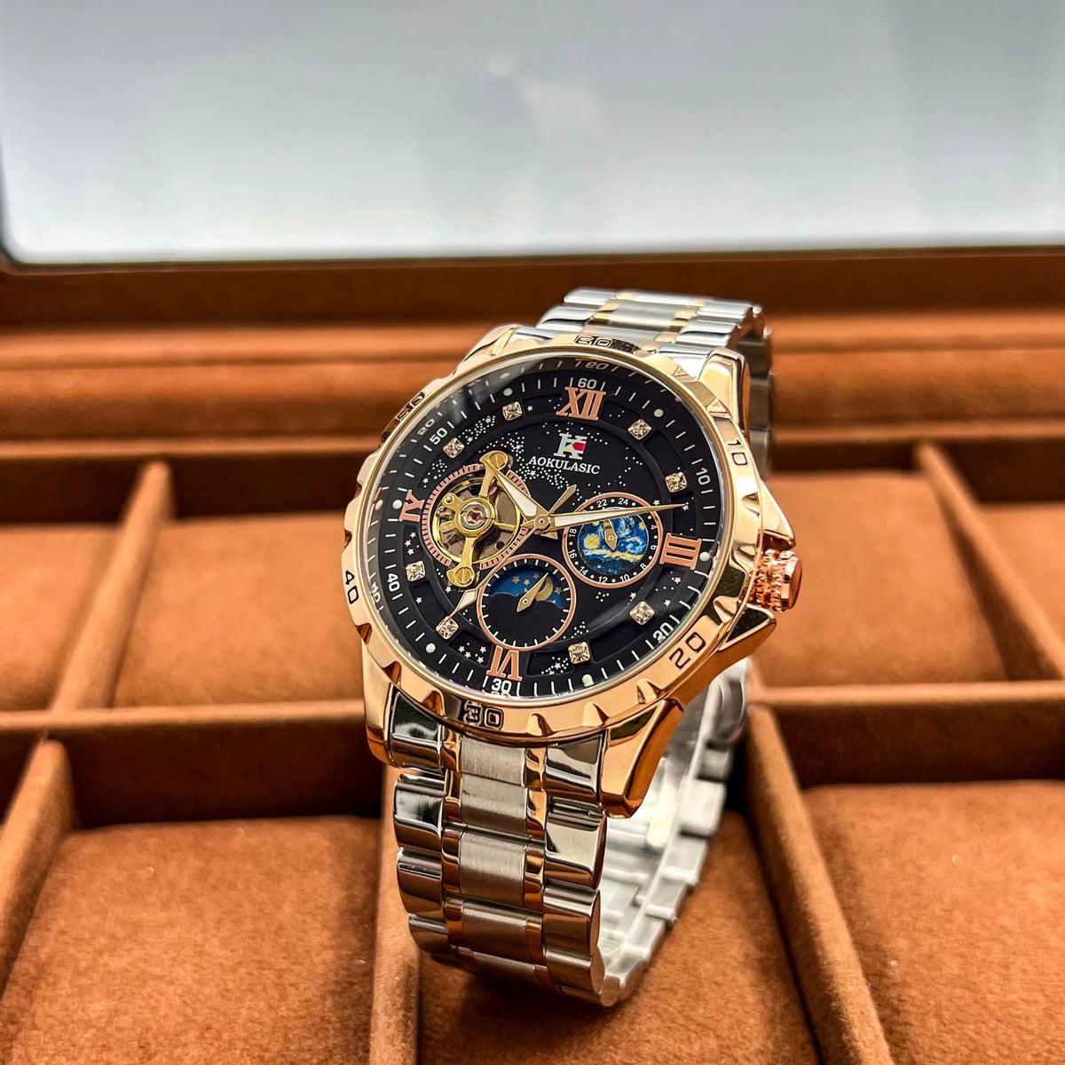 Tourbillon Skeleton Mechanical Watches Starry Sky Moon Phase Dial Steel Leather Strap Luxury Brand Automatic Men Watch