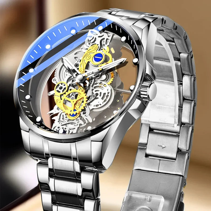 New Fashion Double Hollow Watch Men Luxury Gold Watches Imitation Mechanical Tourbillon Quartz Wristwatches Men Montre Homme