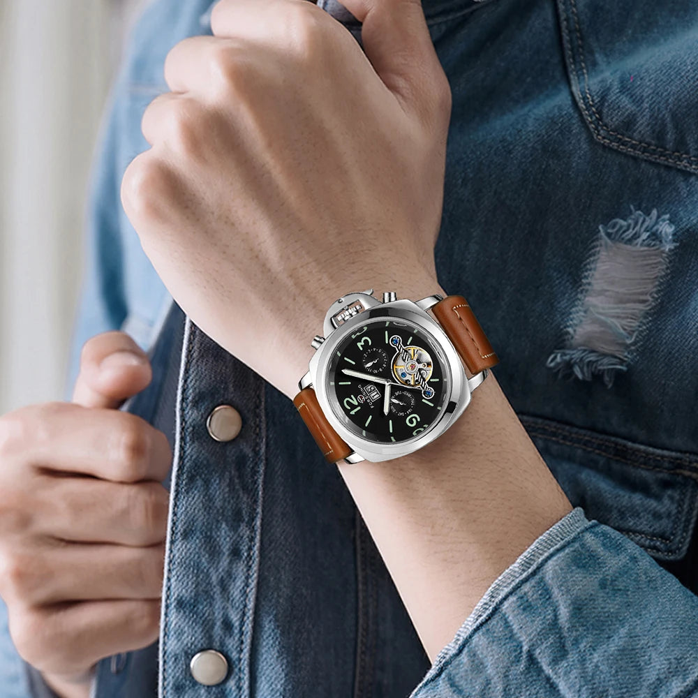 Classic Men‘S Luxury Fashion Automatic Mechanical Watch Tourbillon Sport Luminous Clock Male Leather Retro Wristwatch