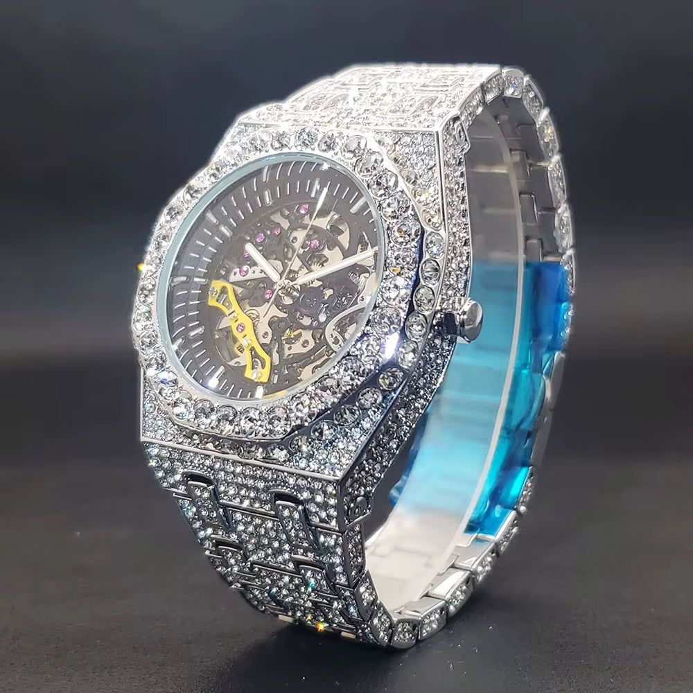 Luxury Mechaincal Men'S Watch Iced Diamond Hip Hop Automatic Watches with Hollow Dial Luminous Hand Clock for Male Dropshipping