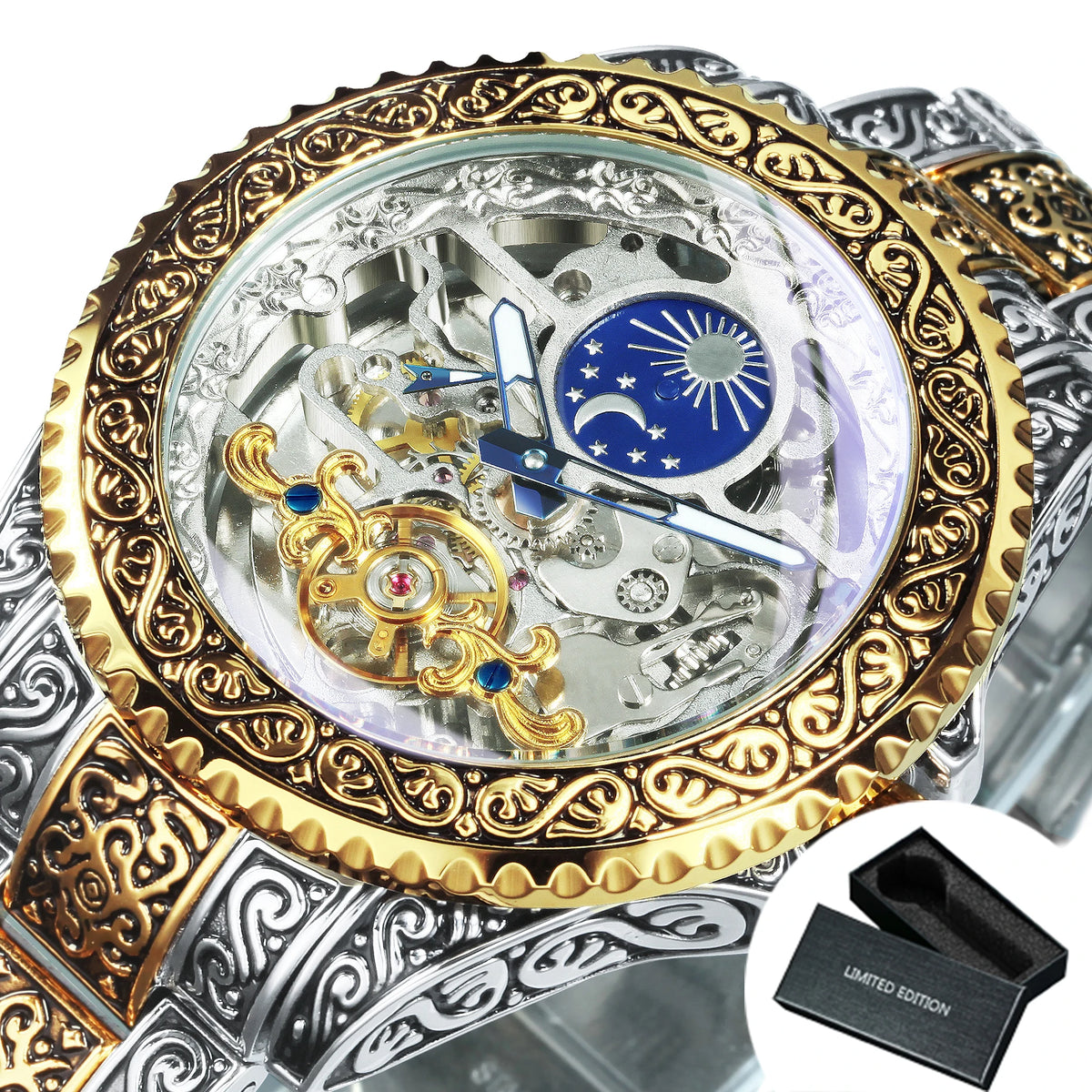 Luxury Gold Skeleton Mechanical Watches Moon Phase Retro Engraved Luminous Tourbillon Automatic Mens Watch Steel Strap