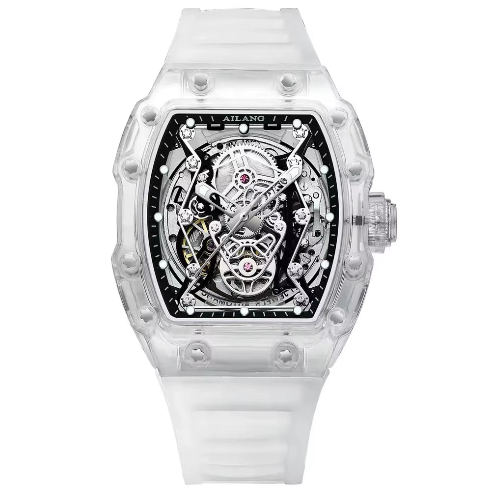 Men'S Automatic Mechanical Watch Sport Silicone Strap Waterproof Luminous Tonneau Design Skeleton Wrist Watch for Men