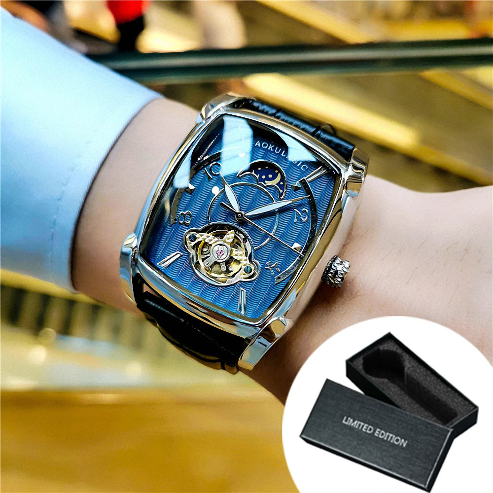 Tonneau Moon Phase Automatic Watch for Men Luxury Brand Tourbillon Skeleton Mechanical Watches Leather Belt Luminous Hands Clock