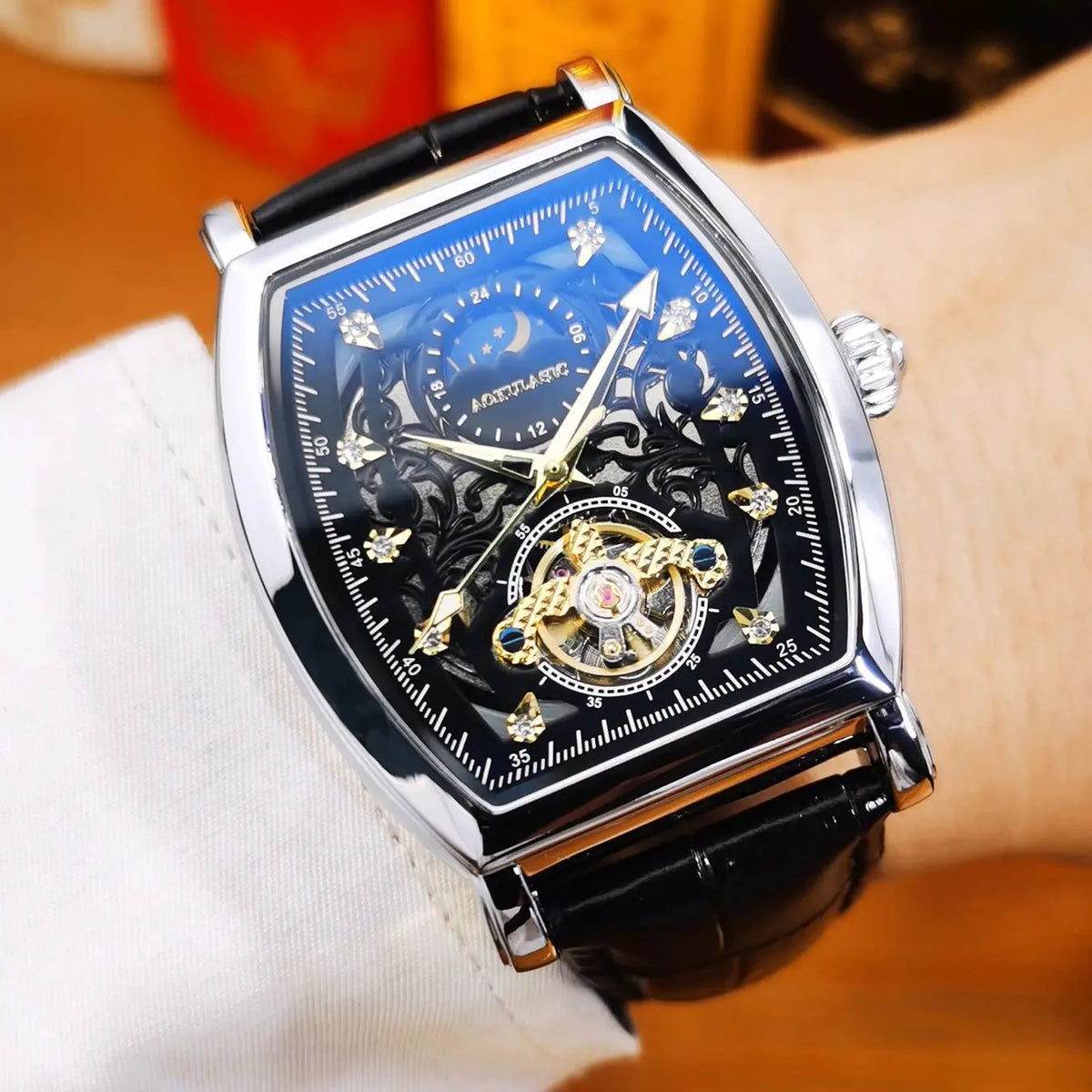 Tourbillon Iced Out Skeleton Automatic Mechanical Watches for Men Luxury Moon Phase Casual Leather Strap Mens Watch