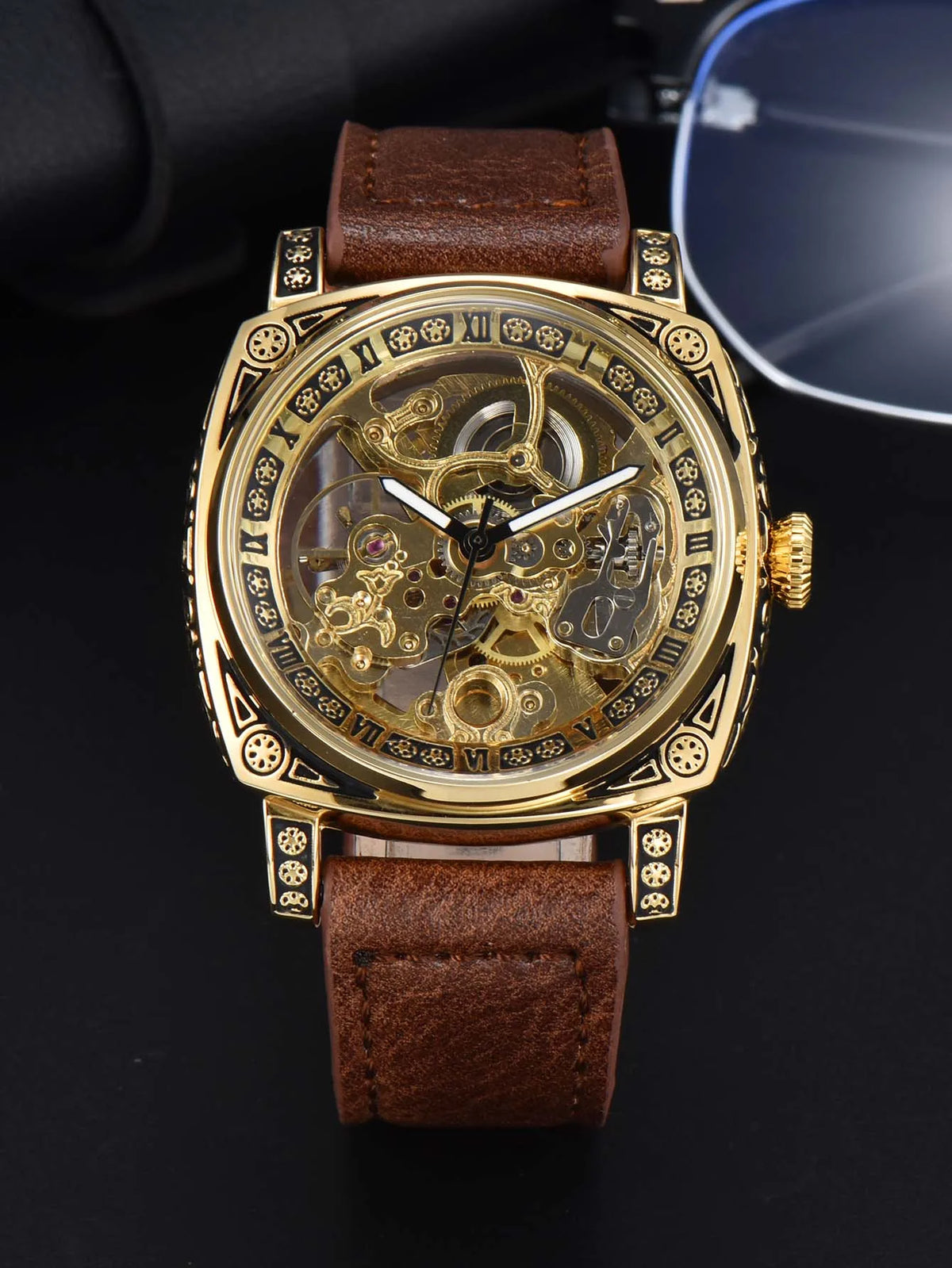 Men Automatic Watch Retro Style Mechanical Watches Skeleton Carve Waterproof Leather No Logo Mens Watch Boyfriend'S Gift