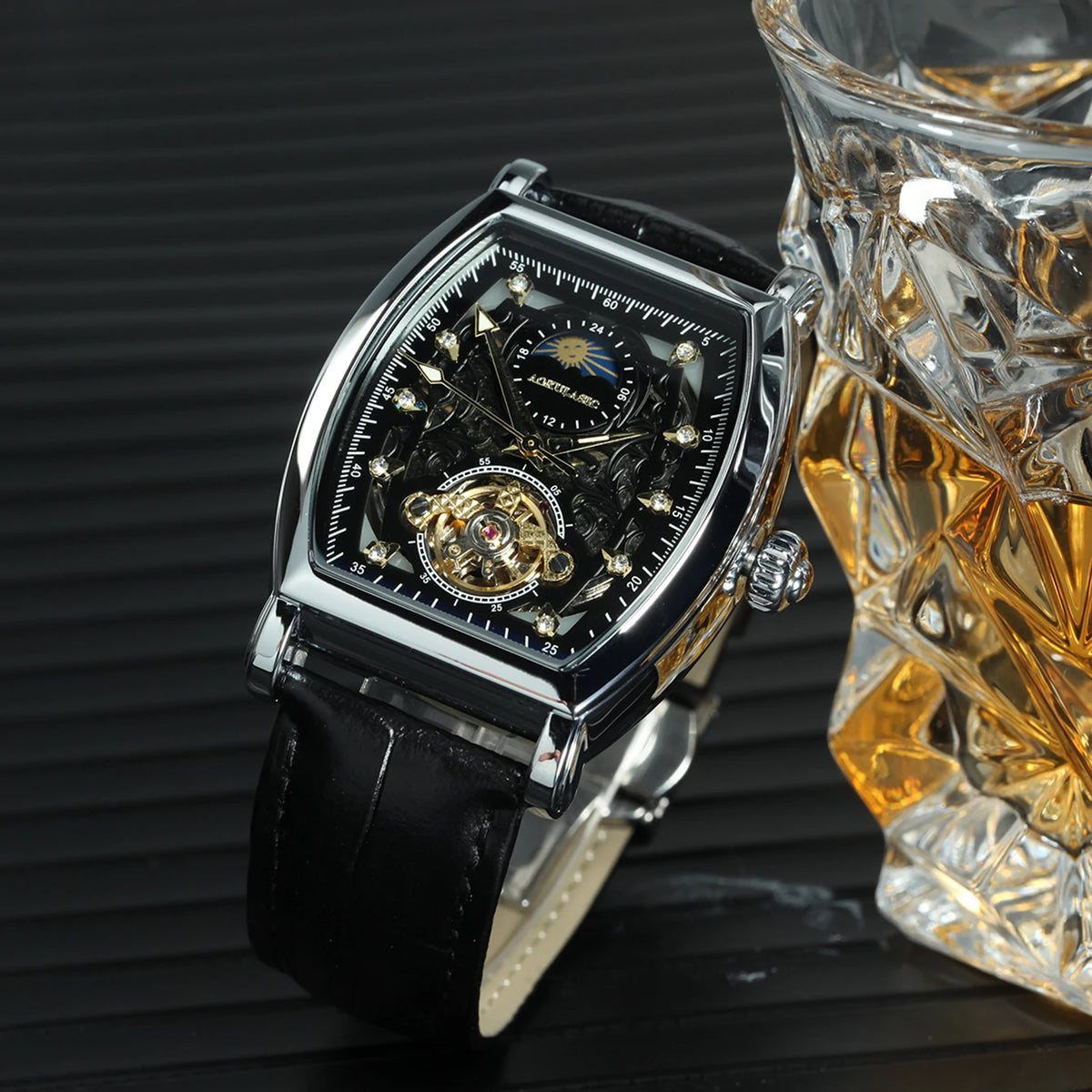 Tourbillon Iced Out Skeleton Automatic Mechanical Watches for Men Luxury Moon Phase Casual Leather Strap Mens Watch
