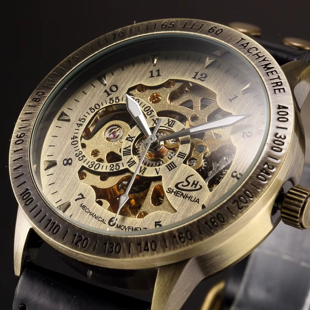 Bronze Automatic Mechanical Watch Men Leather Strap Steampunk Self-Wind Male Mechanical Clock Wristwatch Relogio Masculino 2020